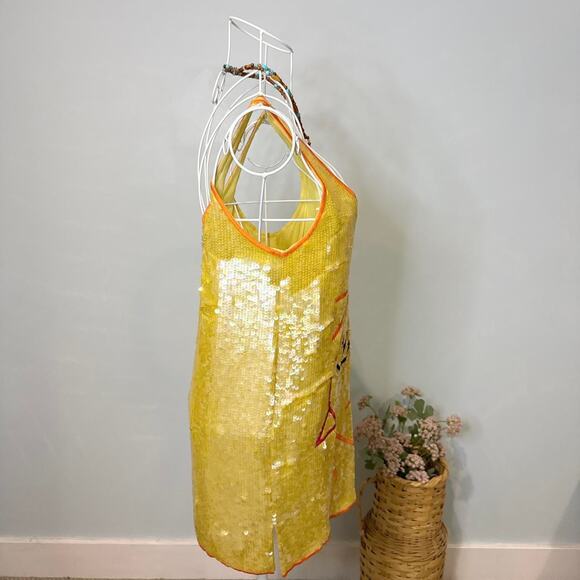 Gorgeous vintage yellow silk sequin abstract mini embroidered babydoll dress - Picture 4 of 6